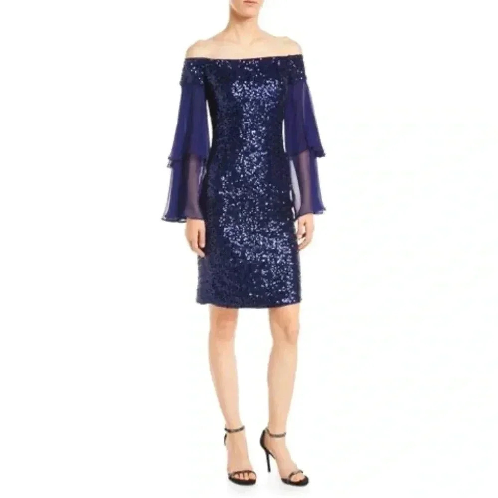 NWT Rickie Freeman For Teri Jon Off-the-Shoulder Sequin Dress w/ Doubled Sleeves